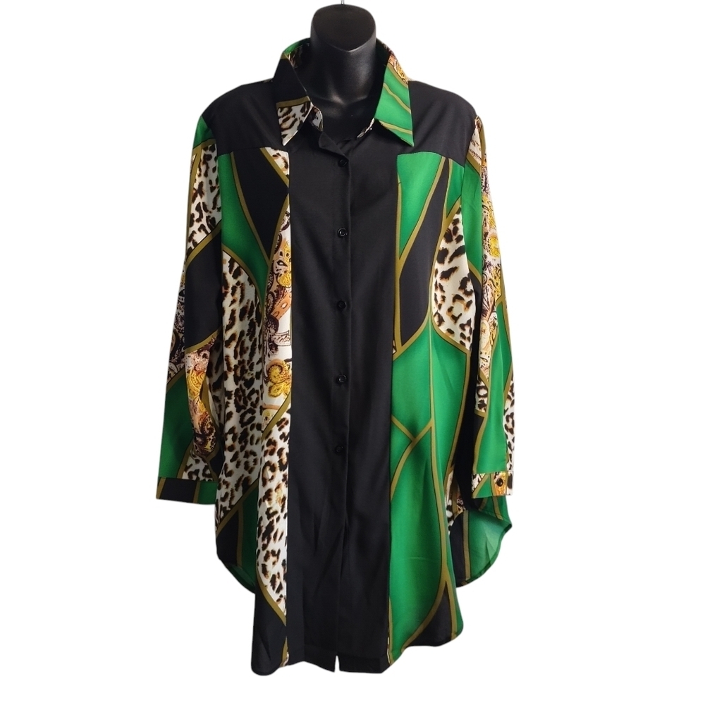 VONDA Women's Leopard Print Round Hem Button Up Long Shirt Size 3XL NWT